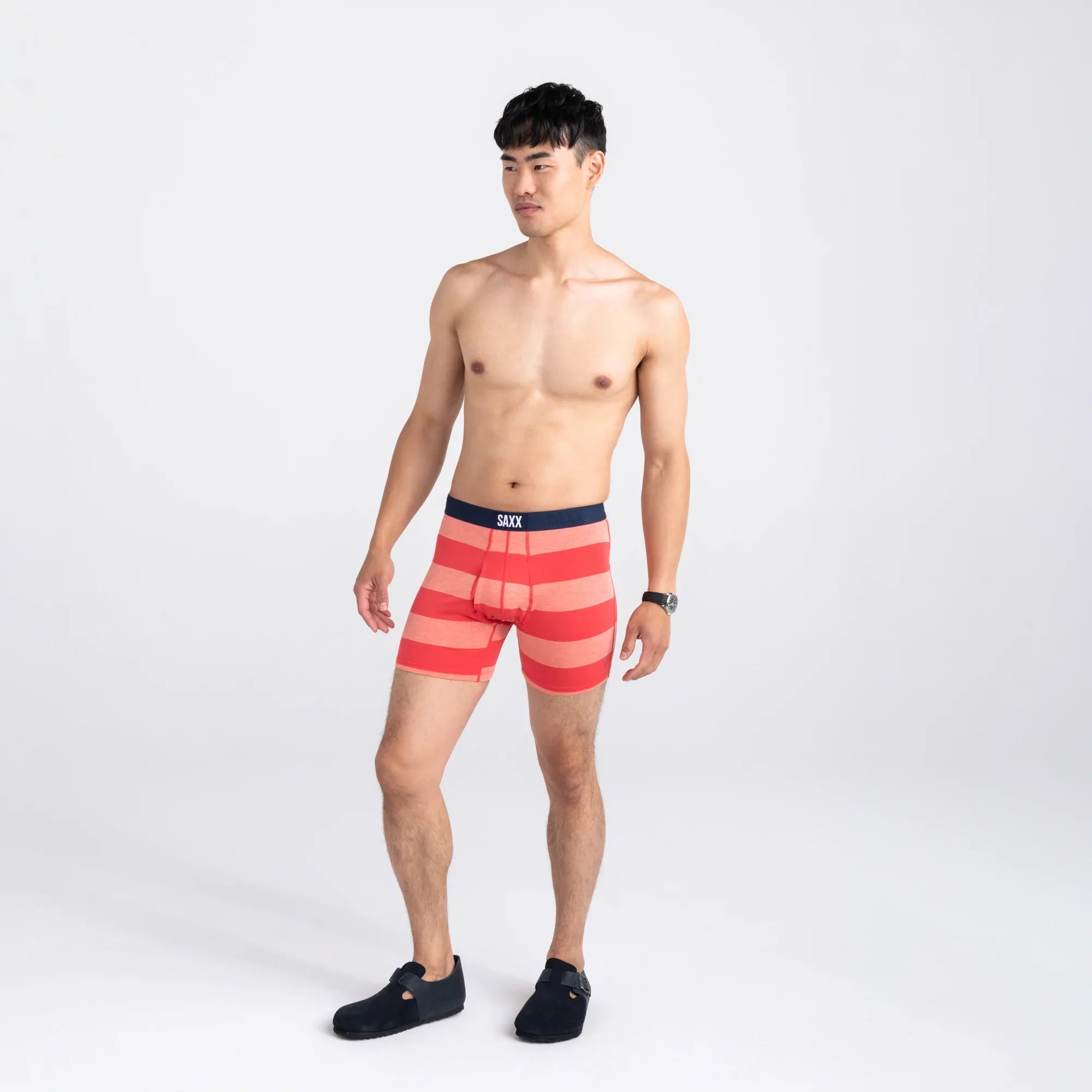 Front - Model wearing Ultra Super Soft Boxer Brief Fly 2 Pack in Red Ombre Rugby/Navy