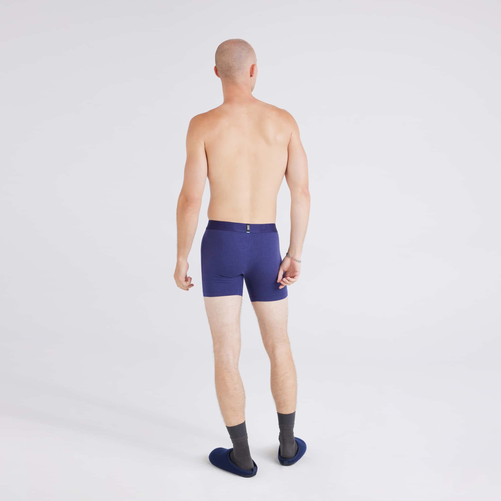 Back - Model wearing Droptemp® Cooling Cotton Boxer Brief in Astro Blue Heather