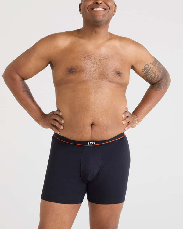 Front - Model wearing Non-Stop Stretch Cotton Boxer Brief Fly 3Pk in Black/Deep Navy/White