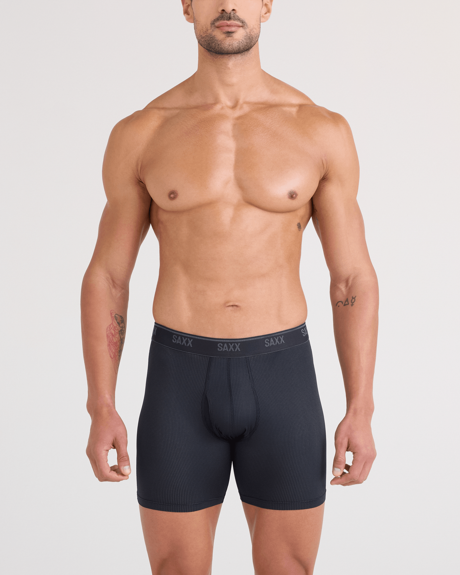 Front - Model wearing  Quest Quick-Dry Mesh Boxer Brief Fly 3 Pack in Black/Turbulence/Maritime