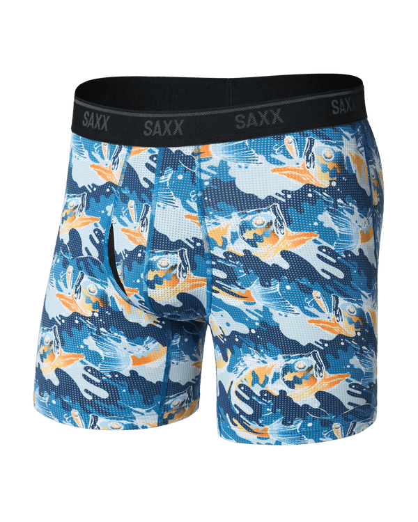 Front of Quest Quick-Dry Mesh Boxer Brief Fly in Big Mouth Bass-Blue