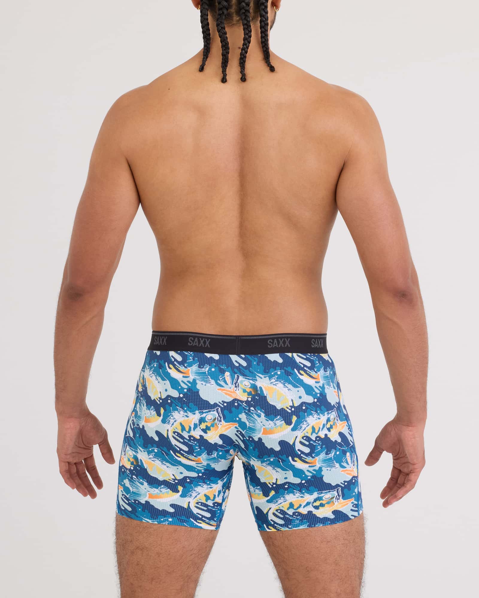 Back - Model wearing Quest Quick-Dry Mesh Boxer Brief Fly in Big Mouth Bass-Blue