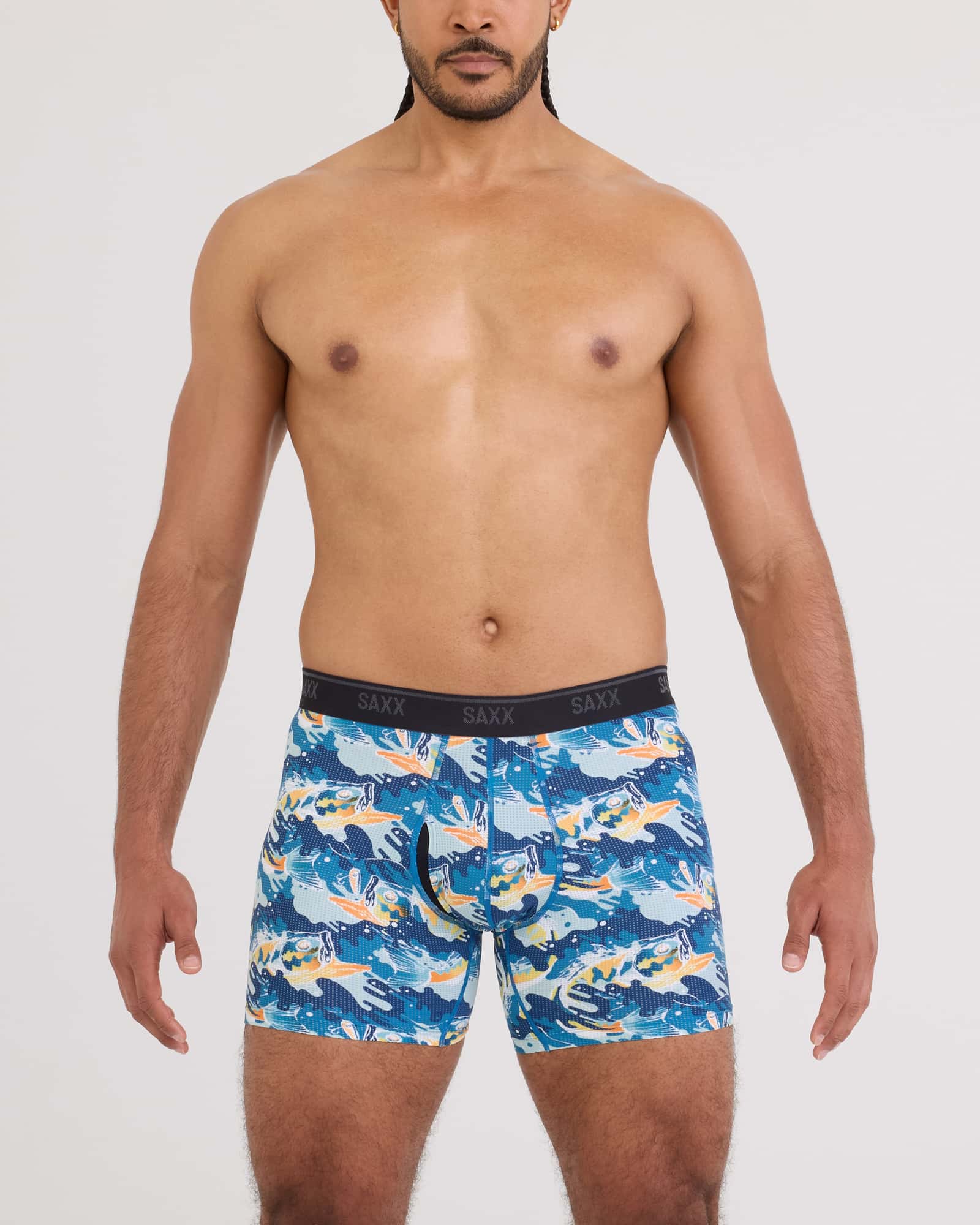Front - Model wearing Quest Quick-Dry Mesh Boxer Brief Fly in Big Mouth Bass-Blue