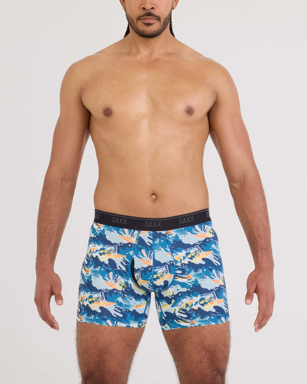 Front - Model wearing Quest Quick-Dry Mesh Boxer Brief Fly in Big Mouth Bass-Blue