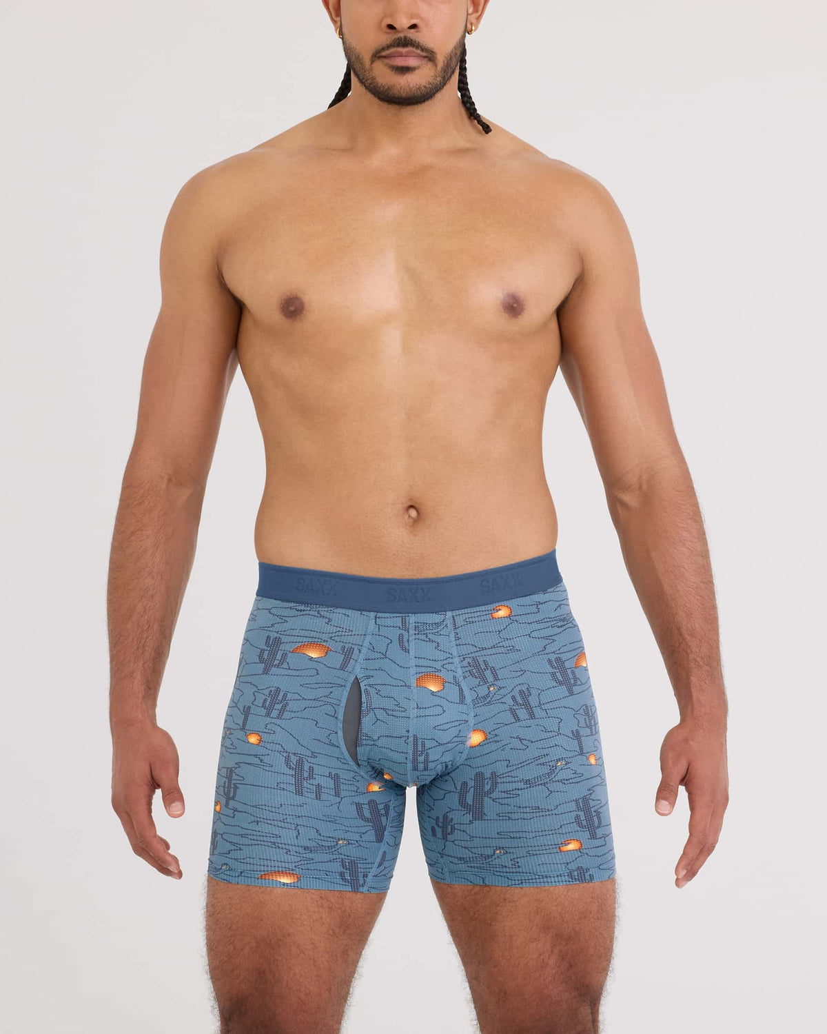 Front - Model wearing Quest Quick-Dry Mesh Boxer Brief in Canyonlands-Washed Blue