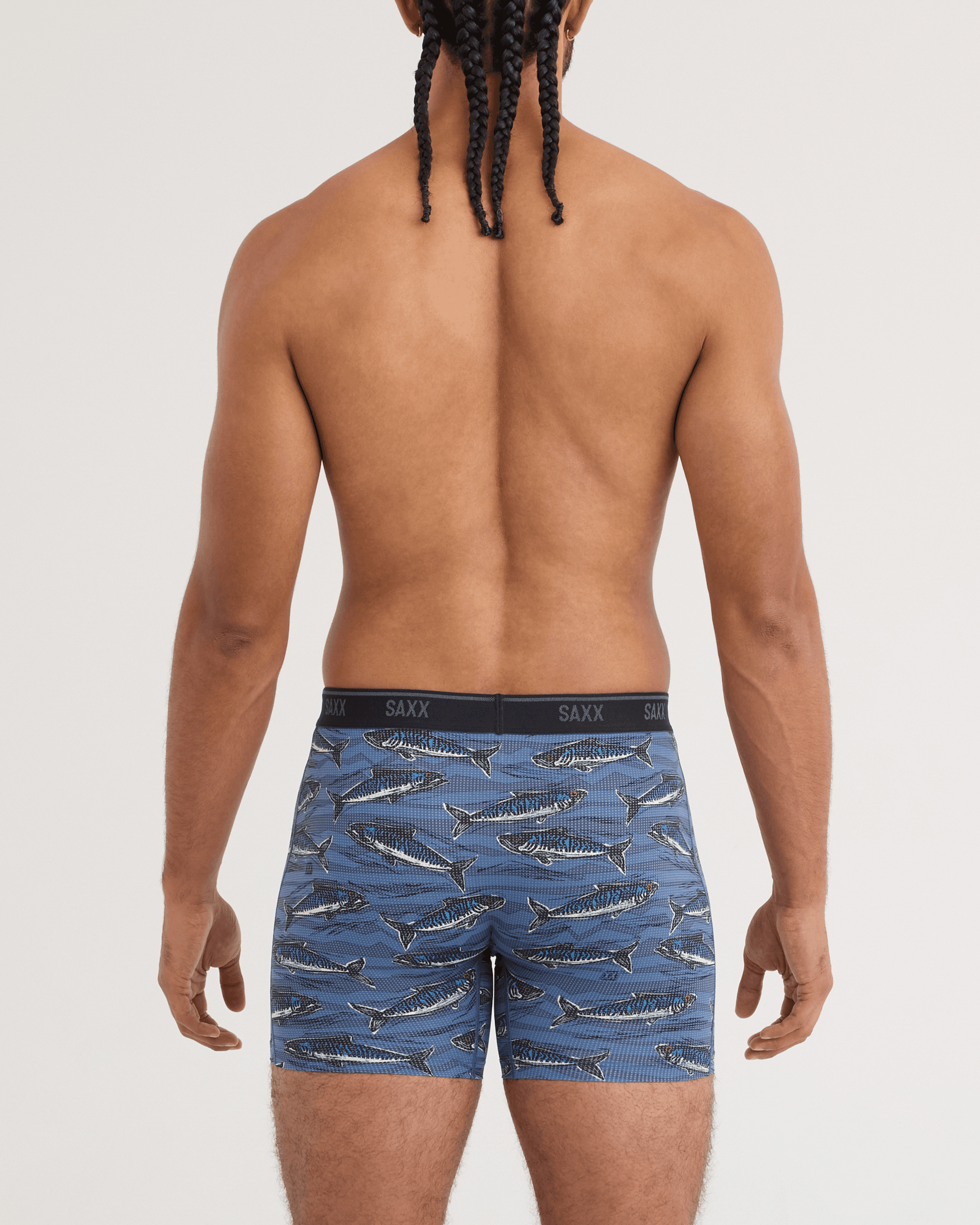 Back - Model wearing Quest Quick-Dry Mesh Boxer Brief in Holy Mackrel-Washed Indigo