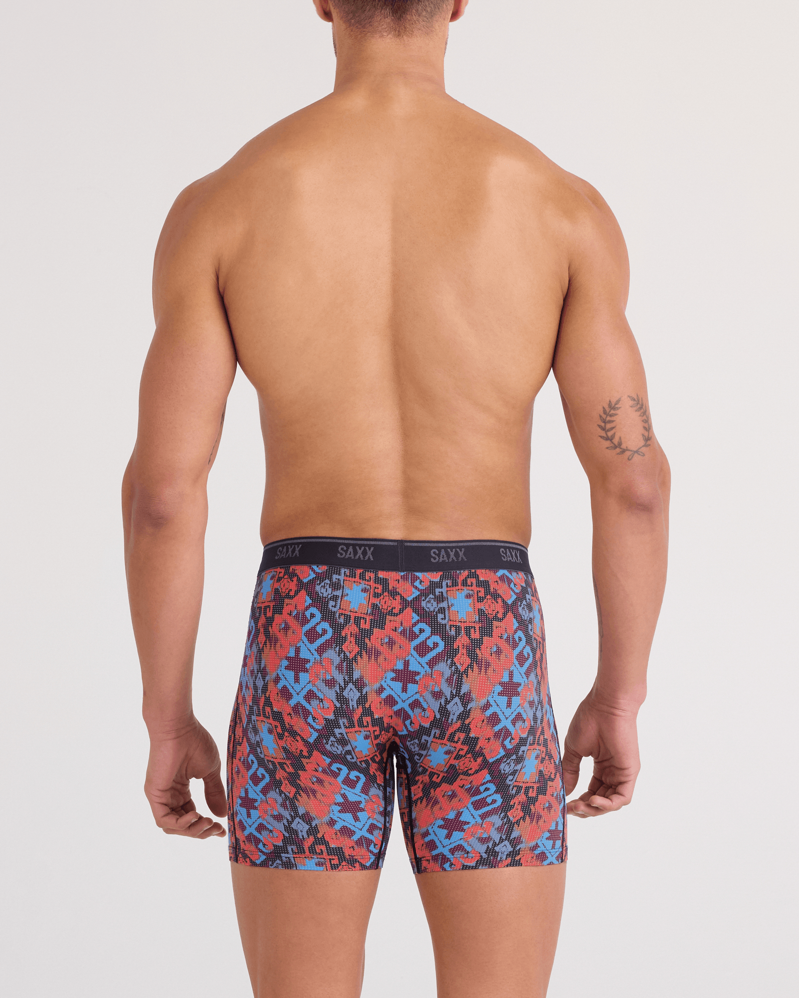 Back - Model wearing  Quest Quick-Dry Mesh Boxer Brief Fly in Heritage Weave-Multi