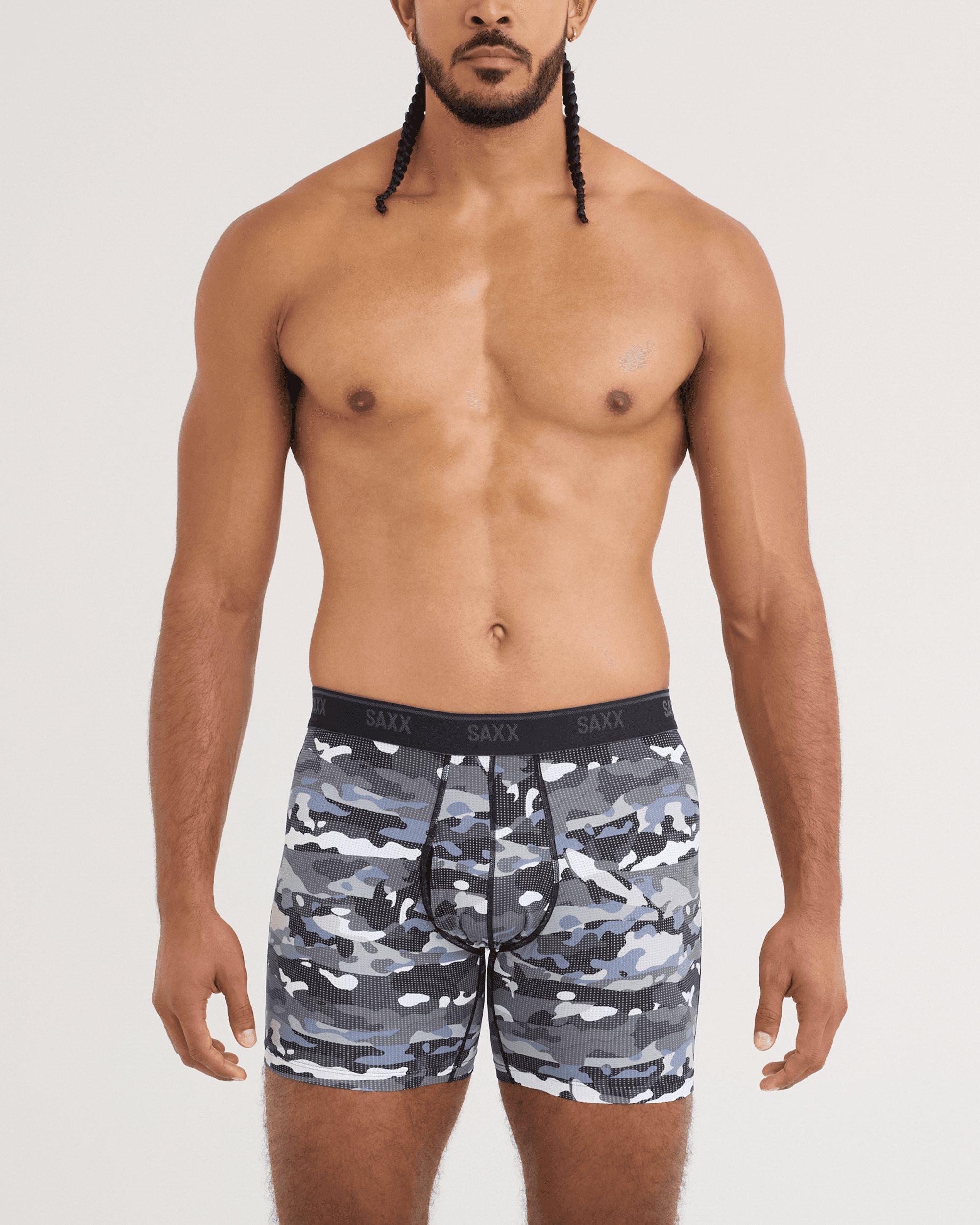 Front - Model wearing Quest Quick-Dry Mesh Boxer Brief 2 Pack in Killer Kamo/Black