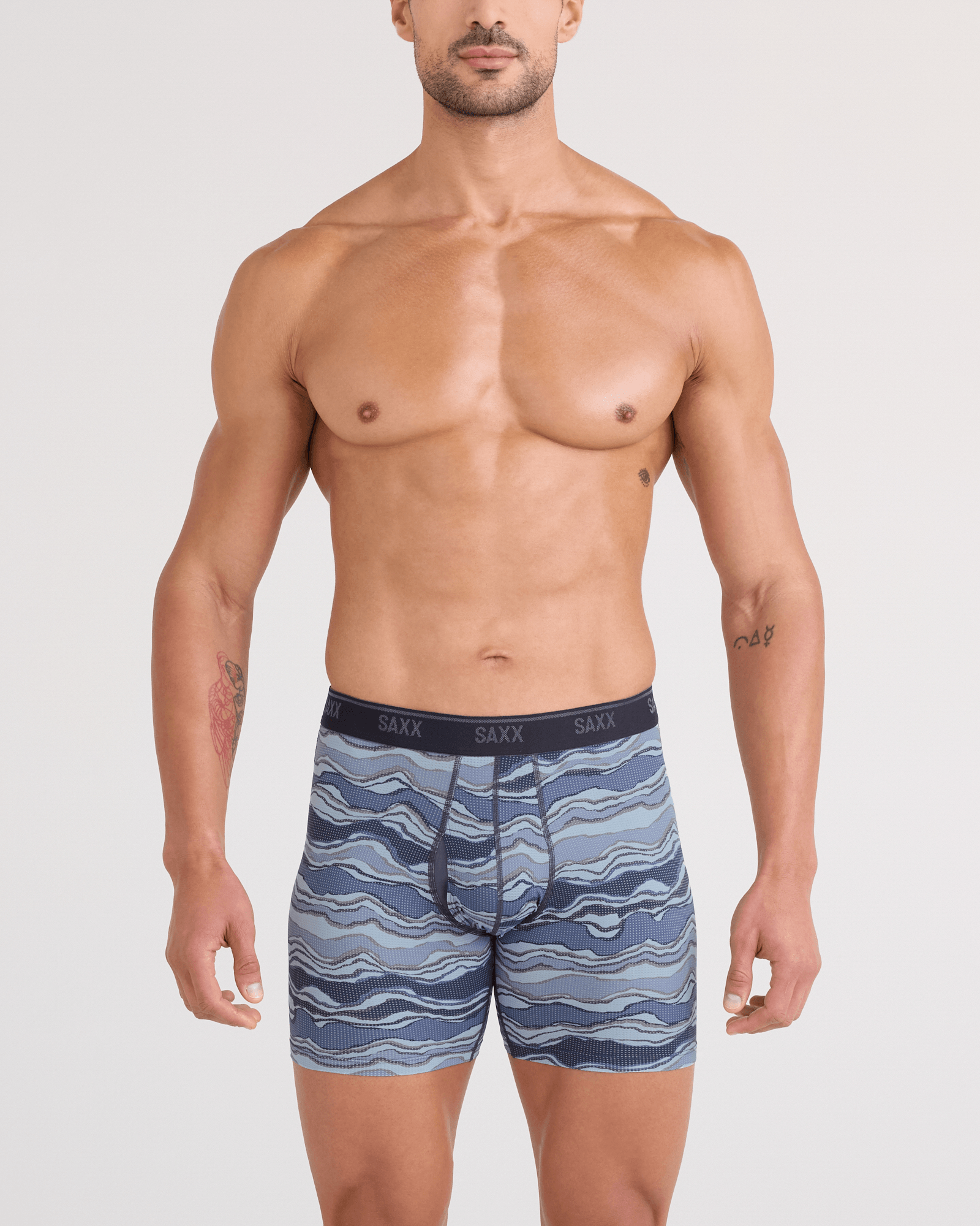 Front - Model wearing  Quest Quick-Dry Mesh Boxer Brief Fly in Lazy River-Multi