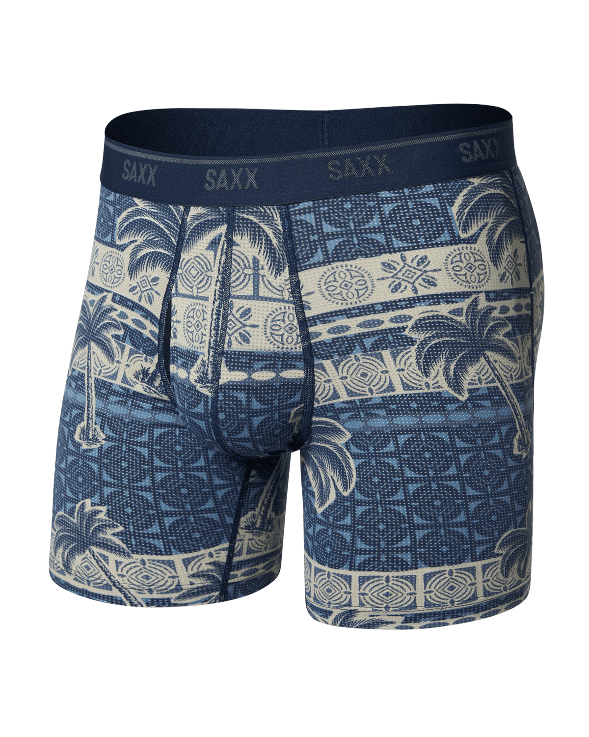 Front of Quest Quick-Dry Mesh Boxer Brief in Palm Geo-Stone