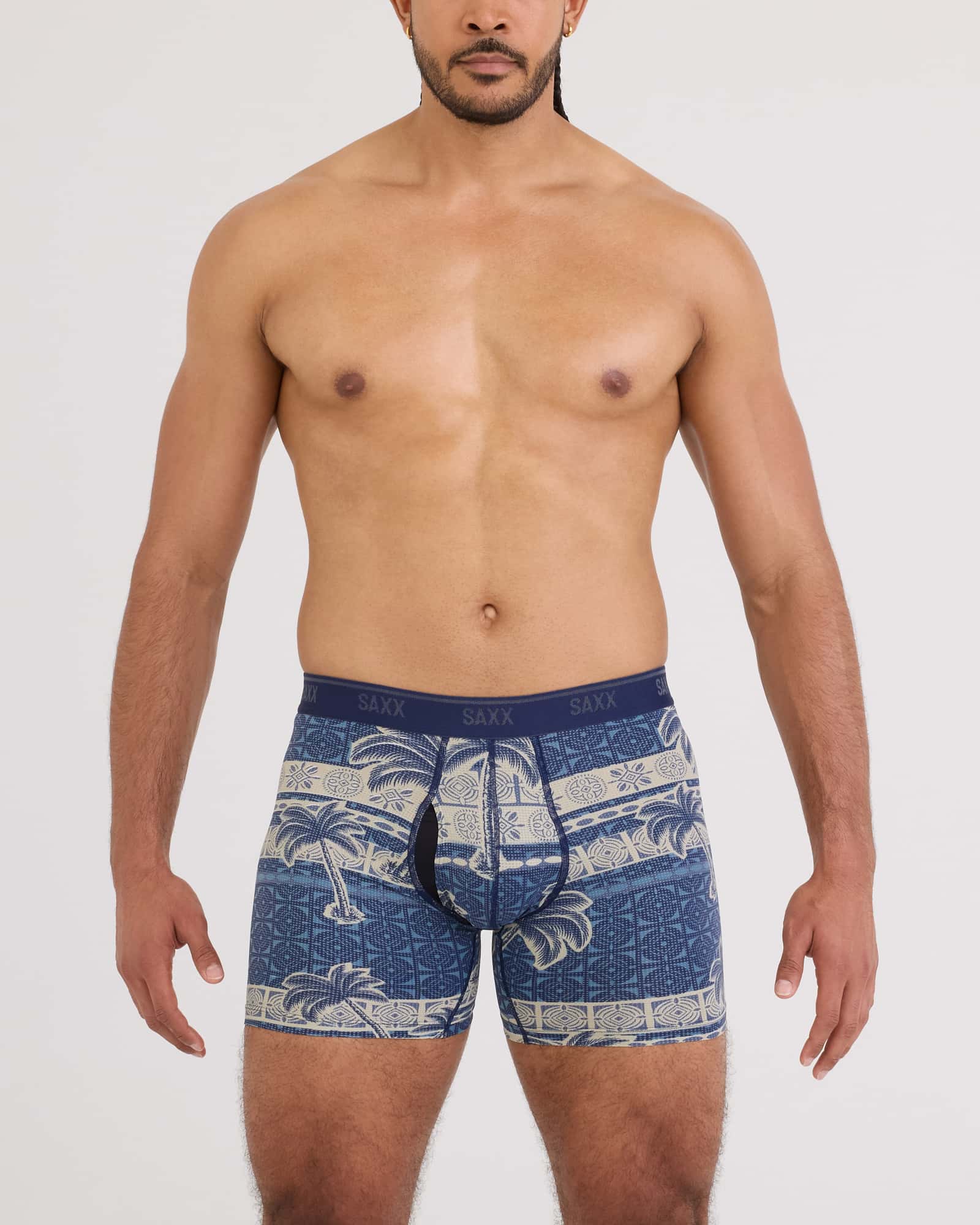 Front - Model wearing Quest Quick-Dry Mesh Boxer Brief in Palm Geo-Stone