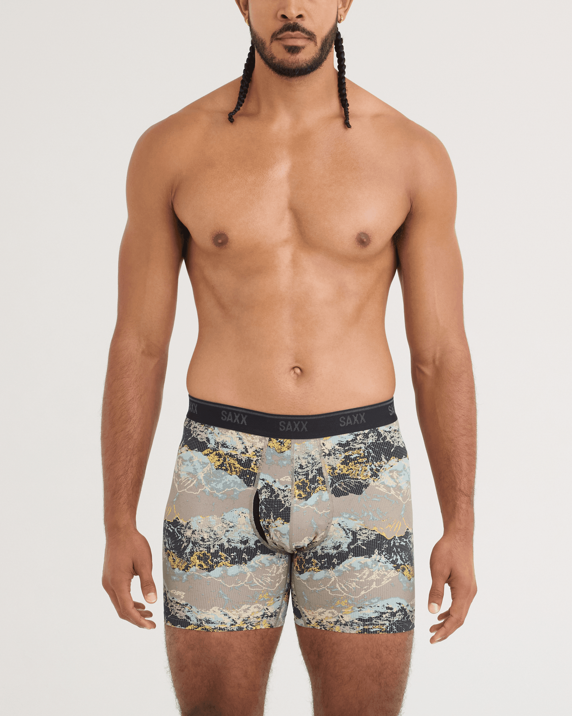 Front - Model wearing Quest Quick-Dry Mesh Boxer Brief in Summits-Cinder