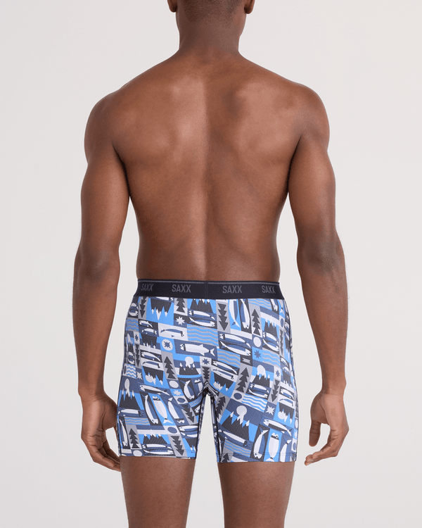 Back - Model wearing  Quest Quick-Dry Mesh Boxer Brief Fly in Winter Angler-Blue
