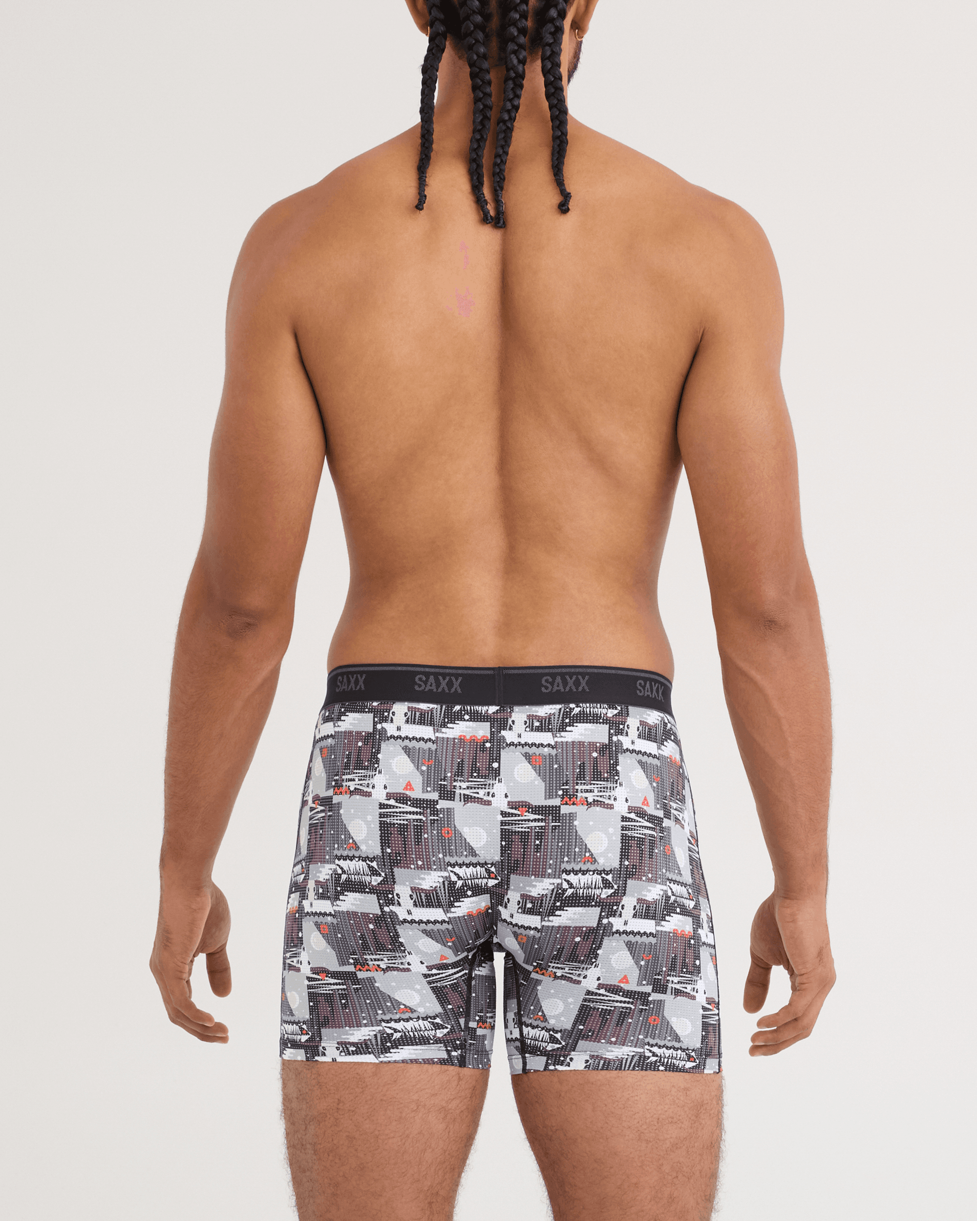 Back - Model wearing Quest Quick-Dry Mesh Boxer Brief in Winter Trek-Black