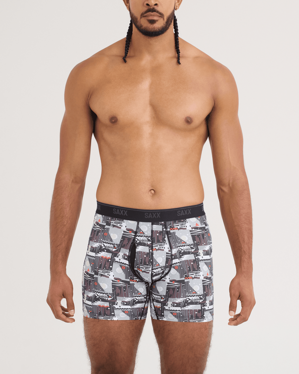 Front - Model wearing Quest Quick-Dry Mesh Boxer Brief in Winter Trek-Black