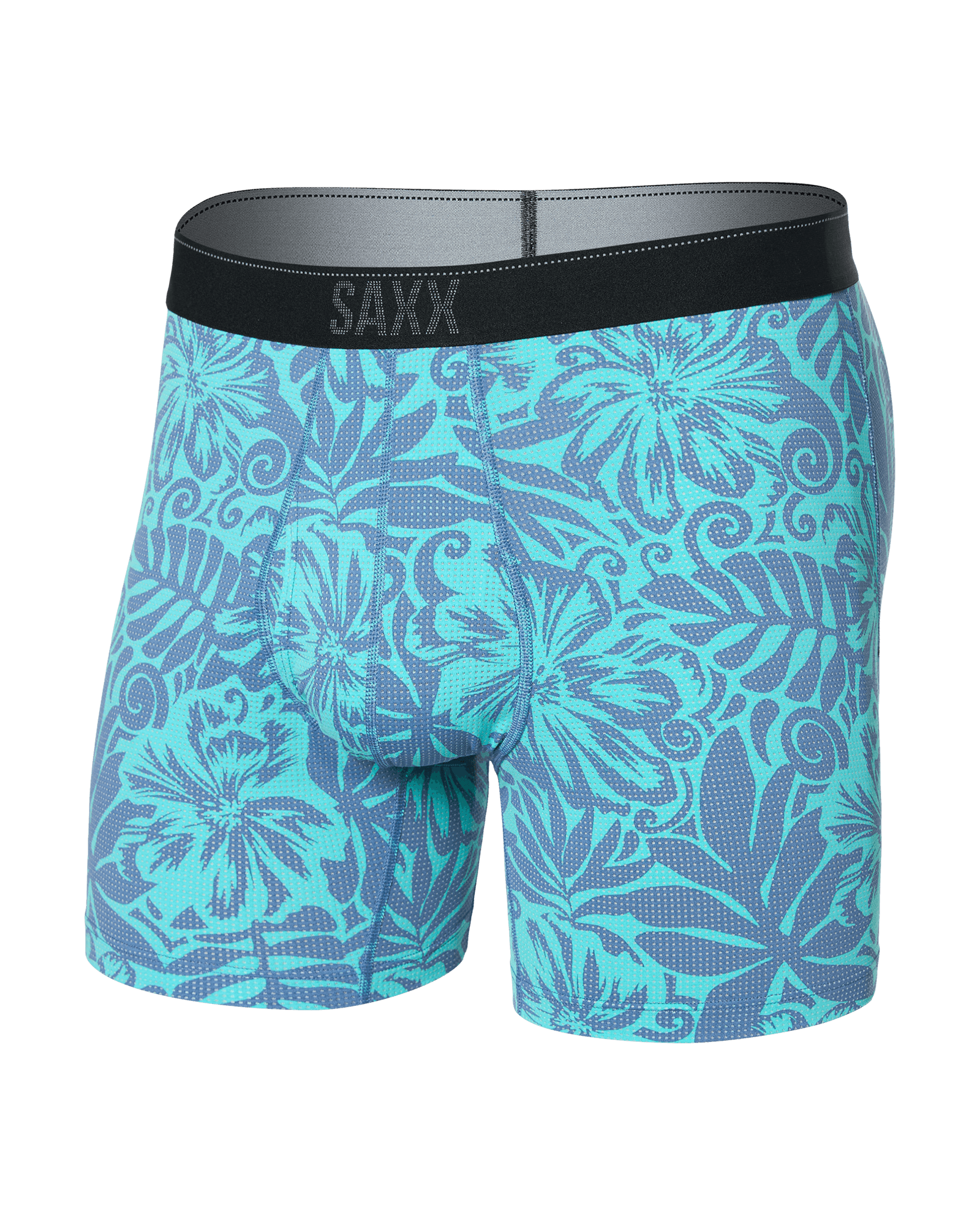 Front of Quest Quick Dry Mesh Baselayer Boxer Brief Fly in Surf Flowers-Turquoise