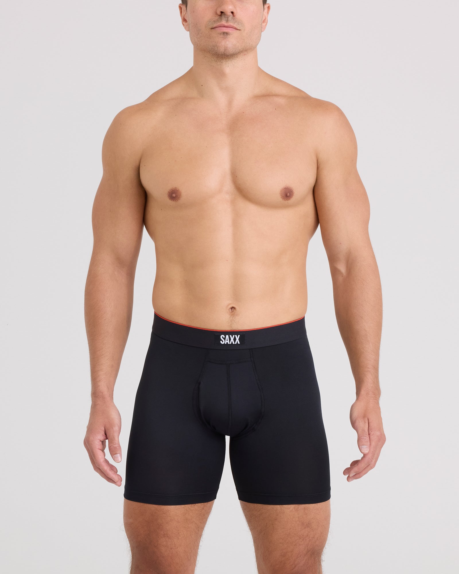 Front - Model wearing Multi-Sport Mesh Boxer Brief Fly in Black