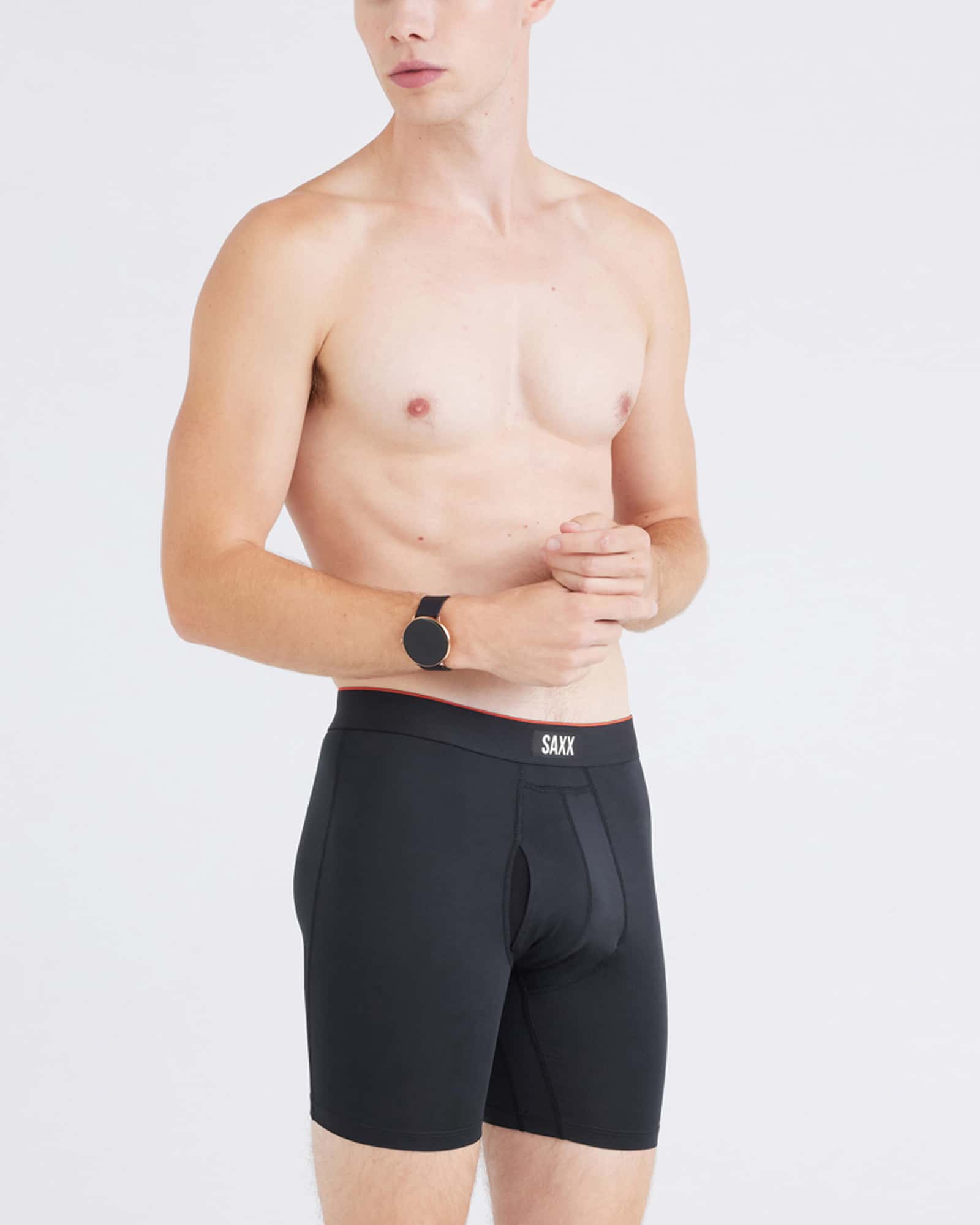 Front - Model wearing Multi-Sport Mesh Boxer Brief Fly in Black