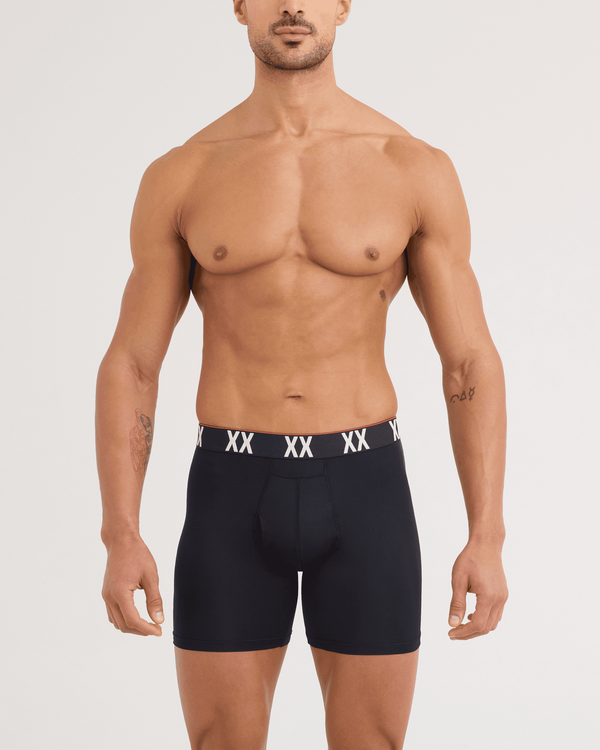 Front - Model wearing Multi-Sport Mesh Boxer Brief in Black/XX Waistband