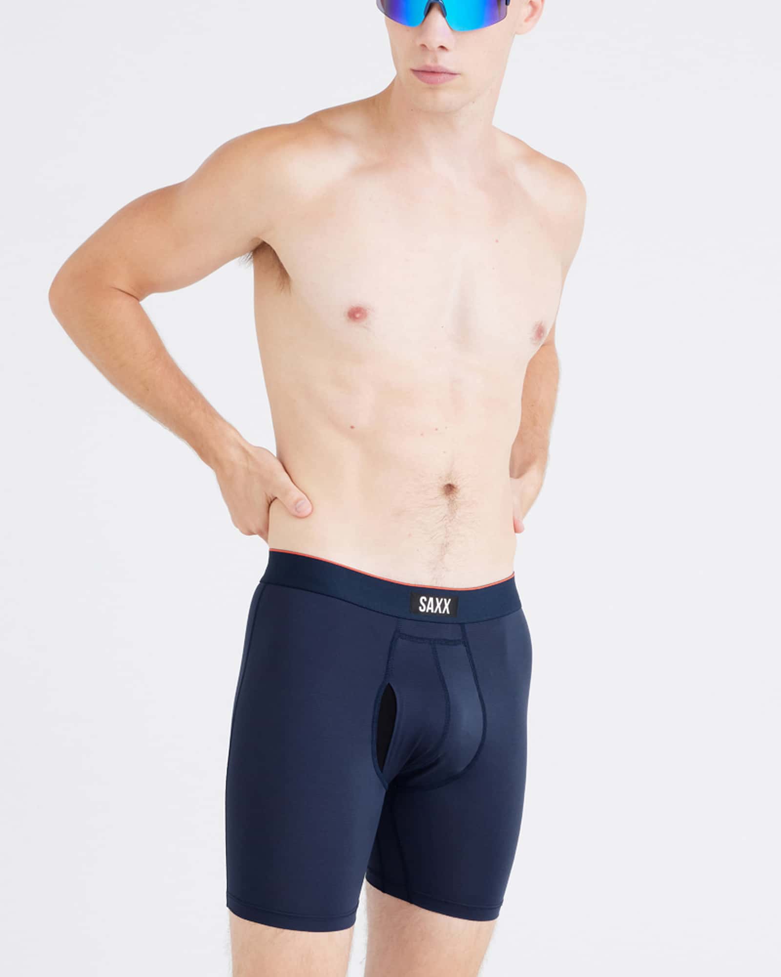 Front - Model wearing Multi-Sport Mesh Boxer Brief Fly in Navy