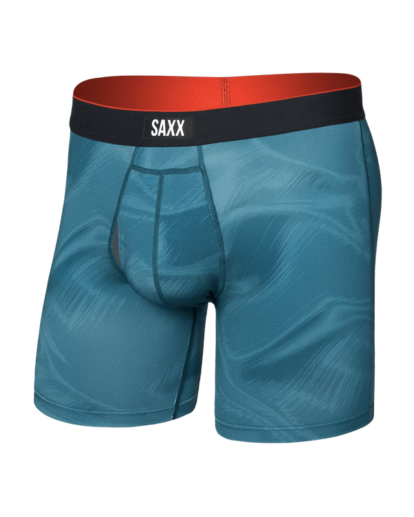 Front of  Multi-Sport Mesh Boxer Brief Fly in Platinum Camo-Rich Teal