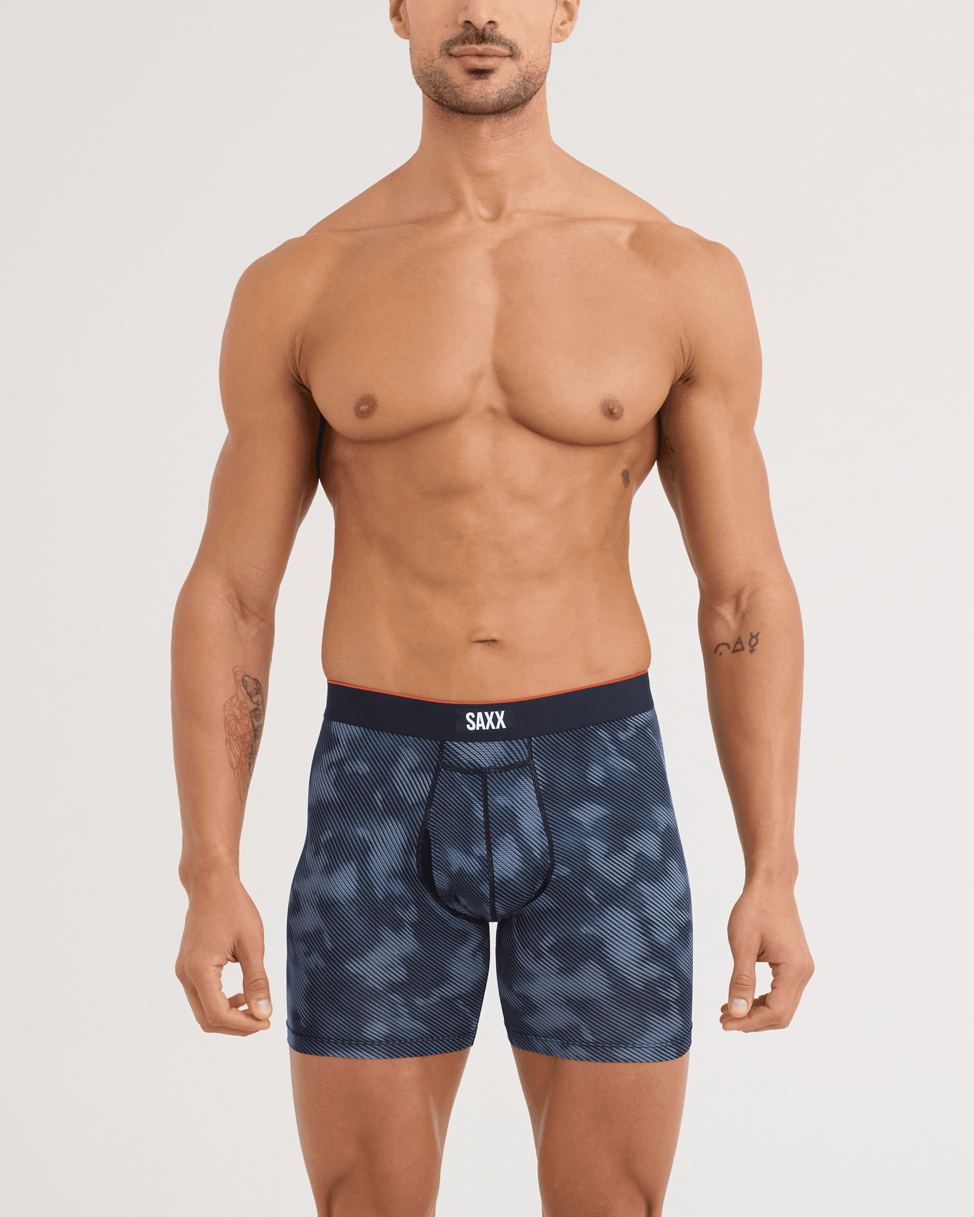 Front - Model wearing Multi-Sport Mesh Boxer Brief 2 Pack in Smoke Screen/Washed Indigo