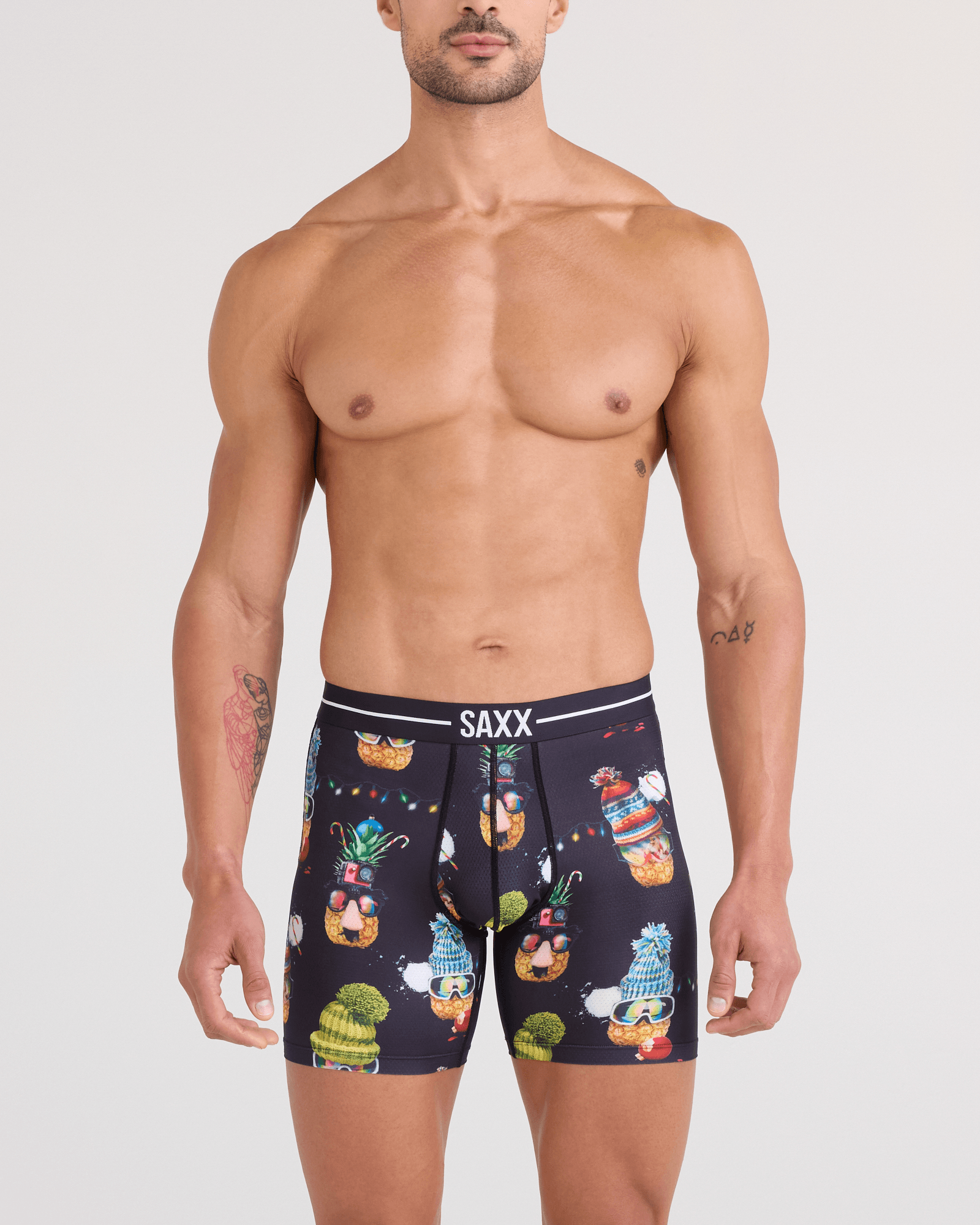 Front - Model wearing  Volt Breathable Mesh Boxer Brief in Deck The Pineapples-Black