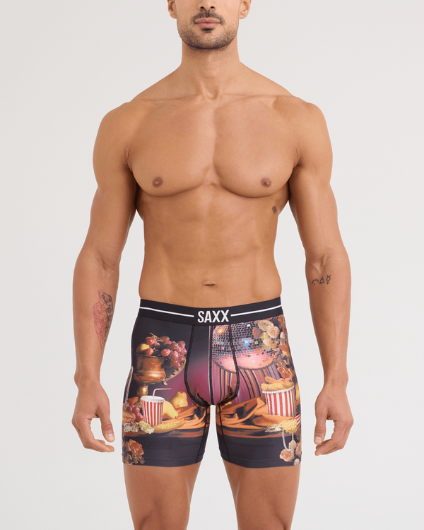 Front - Model wearing Volt Breathable Mesh Boxer Brief in Disco Fries-Maroon
