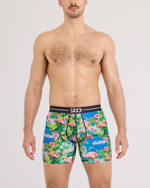 Front - Model wearing Volt Breathable Mesh Boxer Brief in Flamingo Bay-Multi