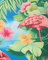 Tropical scene with pink flamingo, green leaves, and flowers on a blue background