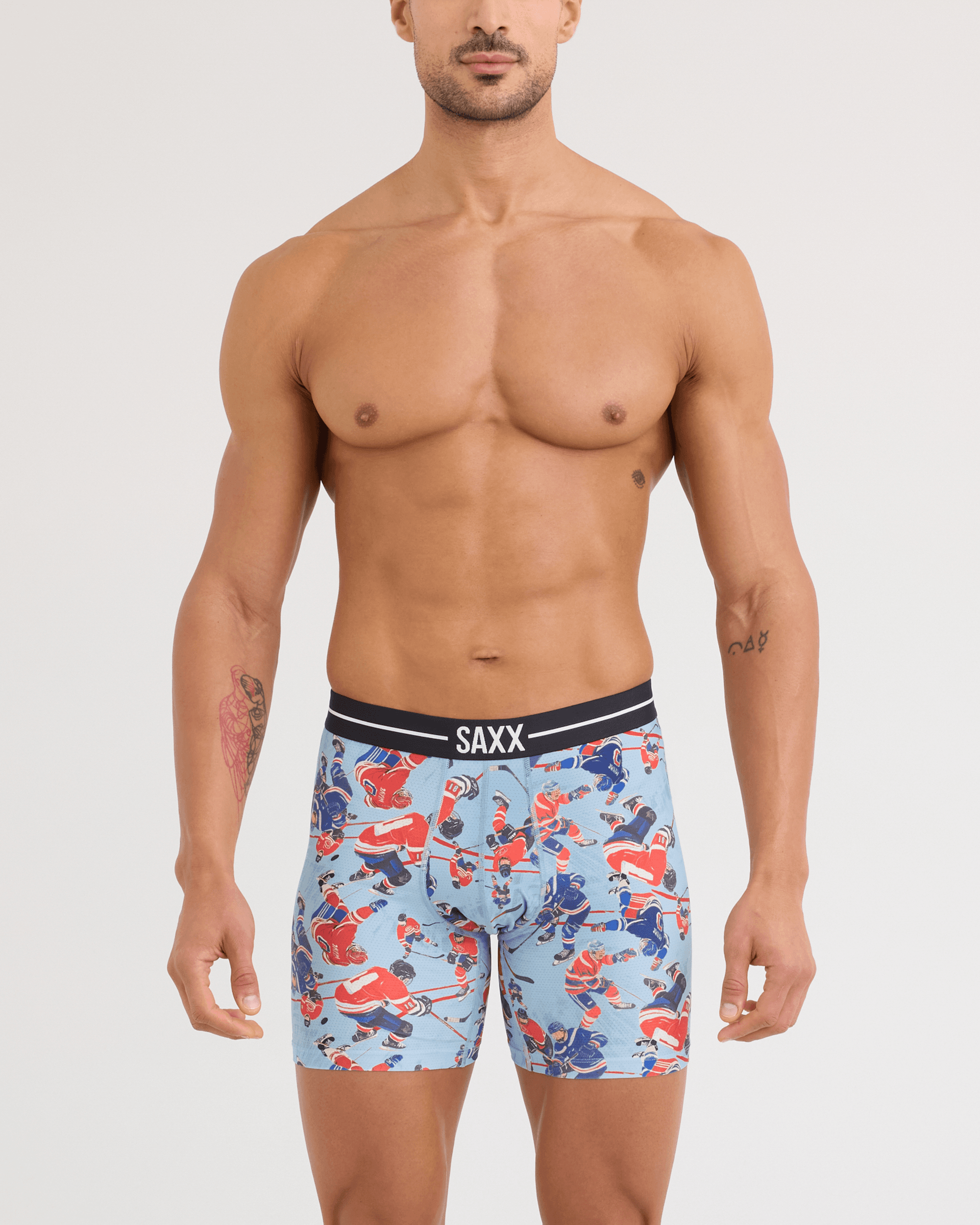Front - Model wearing Volt Breathable Mesh Boxer Brief in Hockey Brawl-Blue