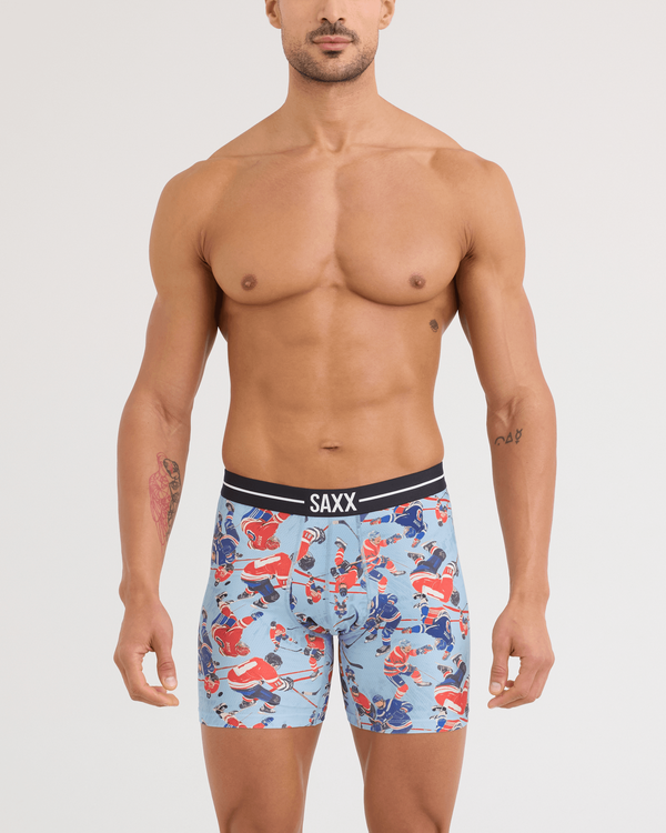 Front - Model wearing Volt Breathable Mesh Boxer Brief in Hockey Brawl-Blue
