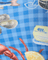 Close-up of a fabric with seafood-themed design on a blue checkered background