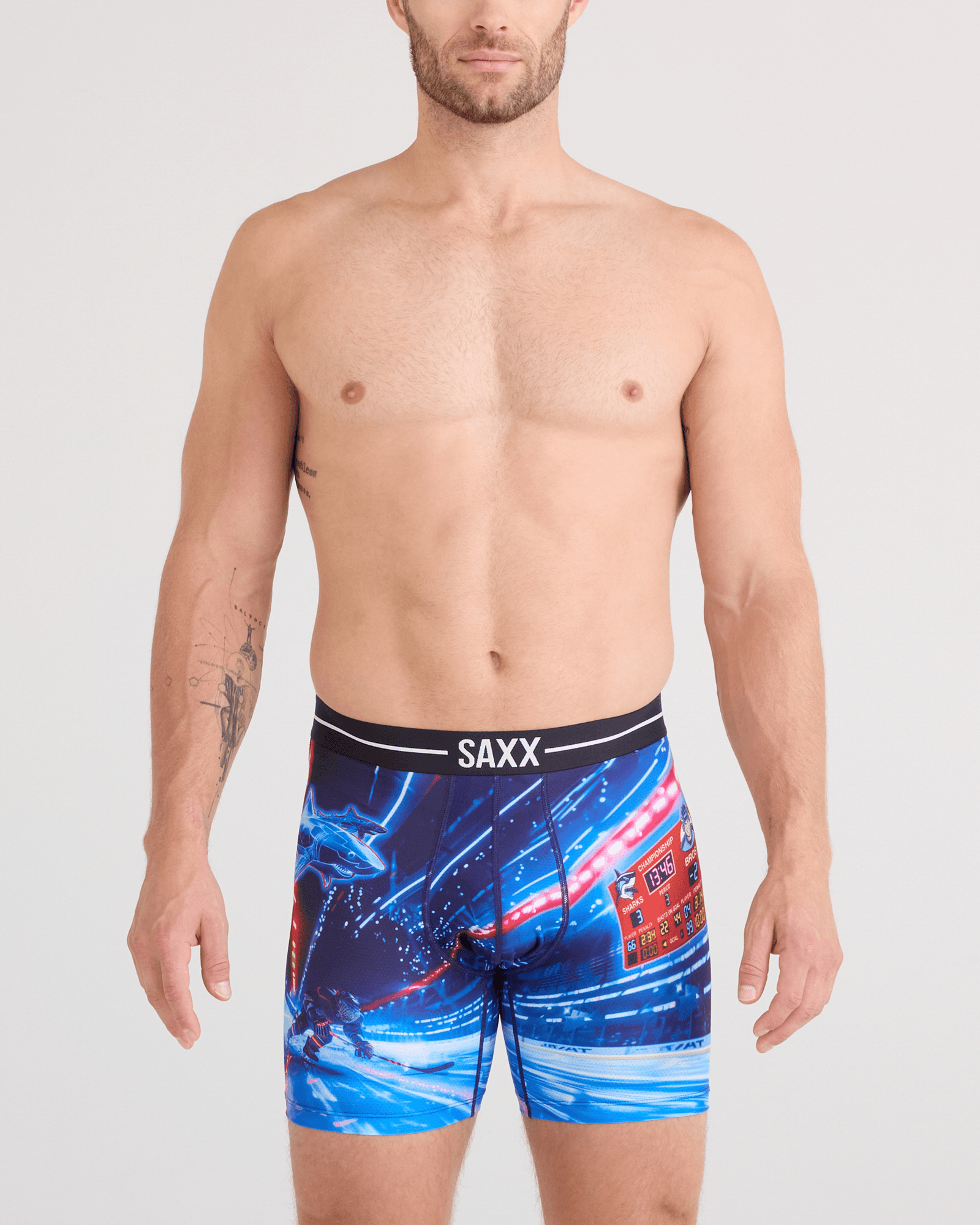 Front - Model wearing  Volt Breathable Mesh Boxer Brief in Sharks Vs Bros-Blue
