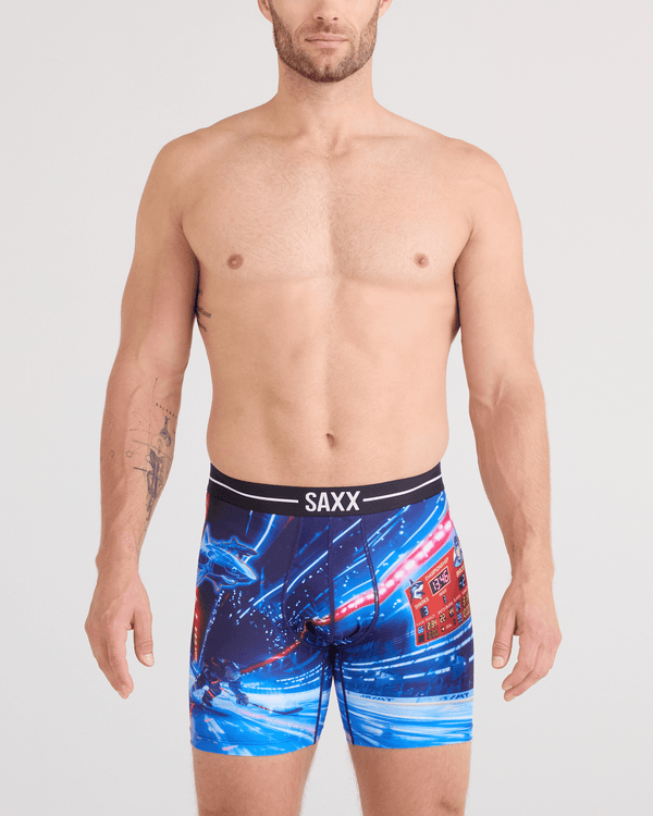 Front - Model wearing  Volt Breathable Mesh Boxer Brief in Sharks Vs Bros-Blue