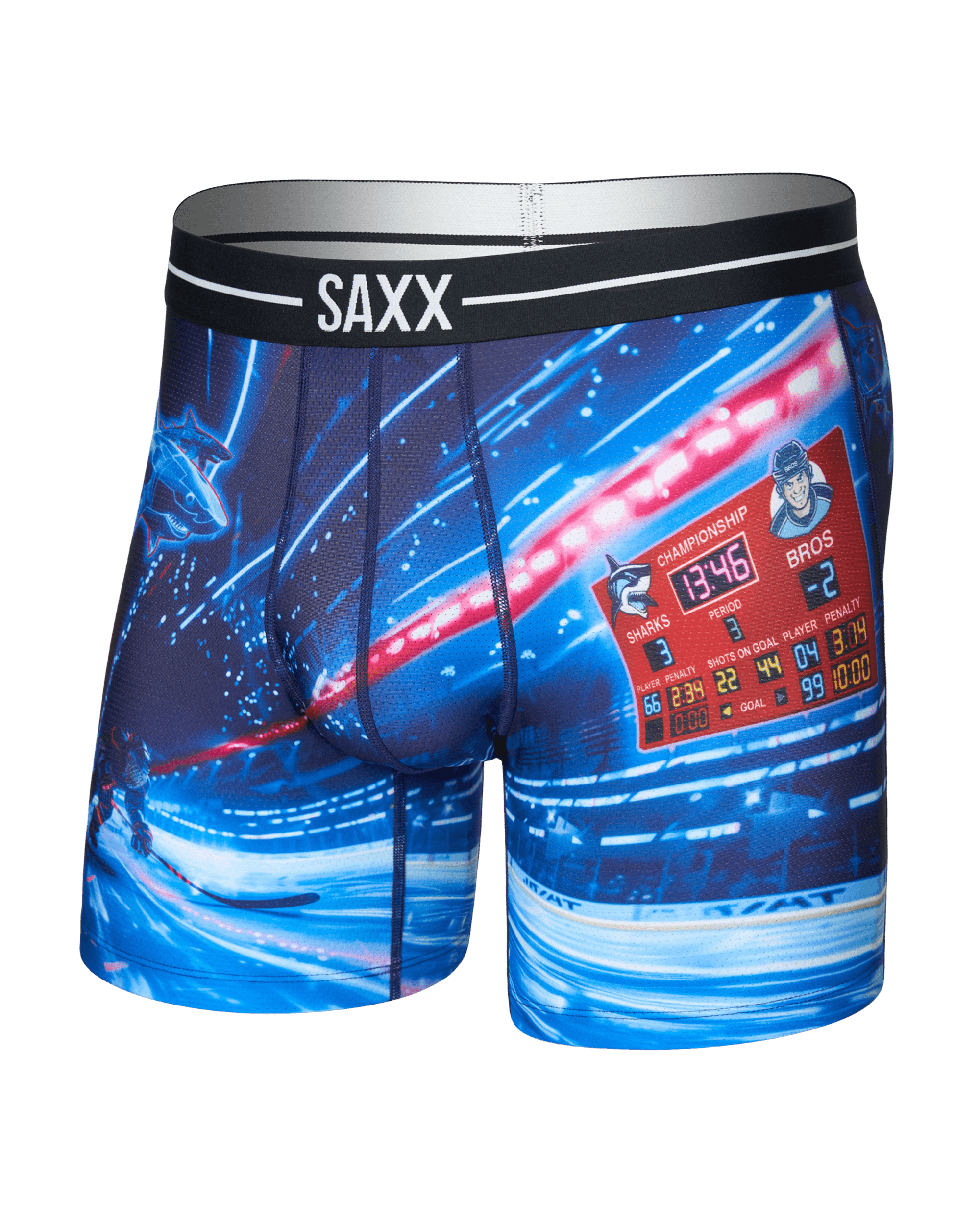 Front of  Volt Breathable Mesh Boxer Brief in Sharks Vs Bros-Blue