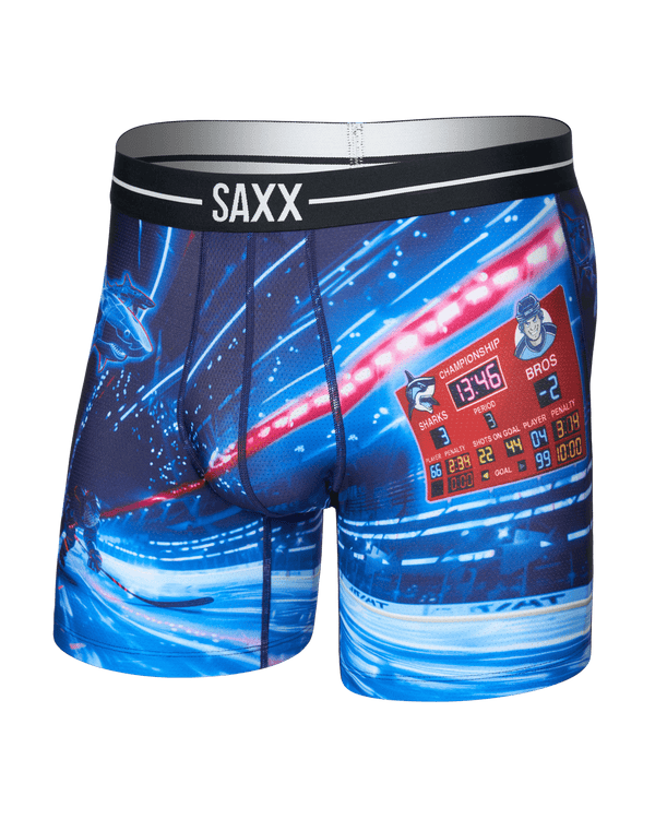 Front of  Volt Breathable Mesh Boxer Brief in Sharks Vs Bros-Blue