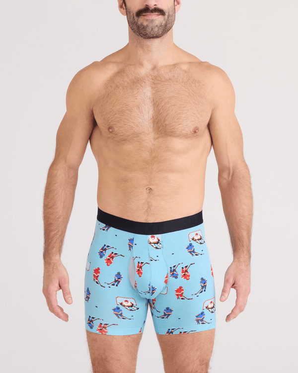 Front - Model wearing  DropTemp Cooling Cotton Boxer Brief Fly in Action On Ice-Blue Tide