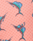 Pattern of swordfish on a pink background with red dots