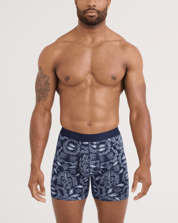 Front - Model wearing DropTemp Cooling Cotton Boxer Brief in Backsplash-Dark Ink