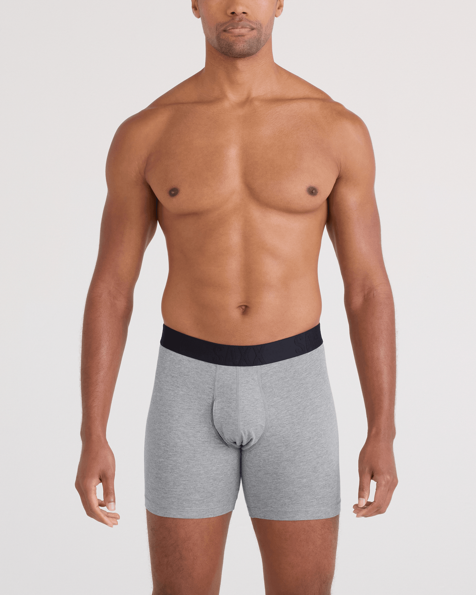 Front - Model wearing  DropTemp Cooling Cotton Boxer Brief Fly in Dark Grey Heather