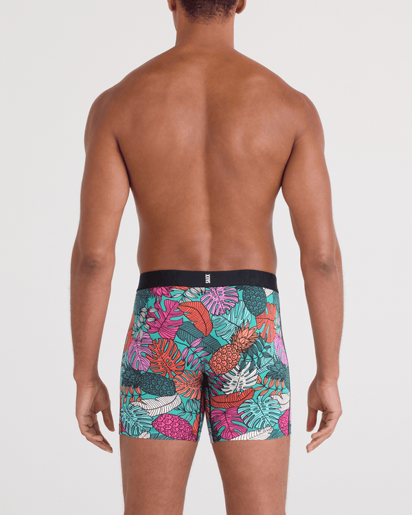 Back - Model wearing  DropTemp Cooling Cotton Boxer Brief Fly in Fruity Palm-Aqua