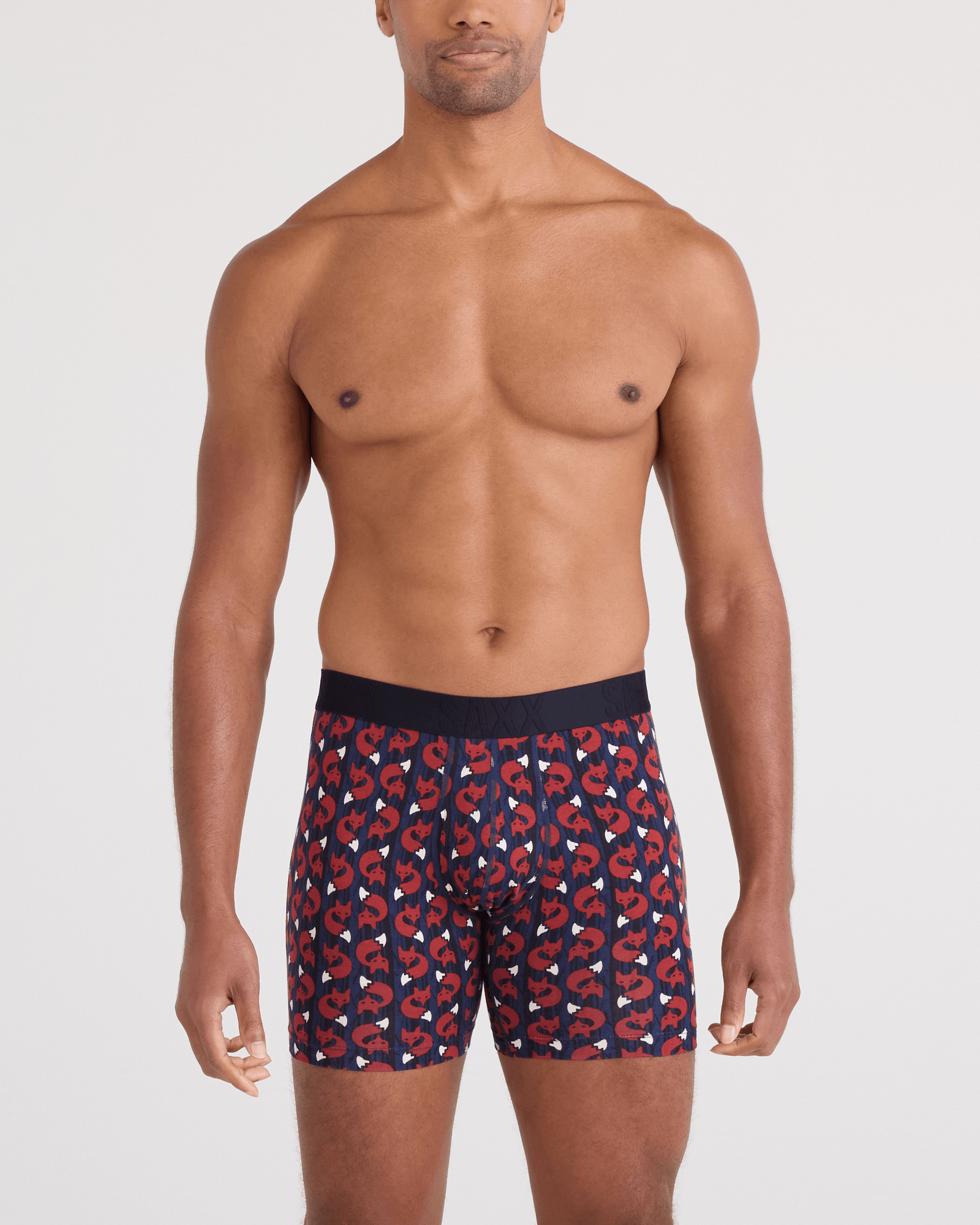 Front - Model wearing  DropTemp Cooling Cotton Boxer Brief Fly in Fox Check-Navy