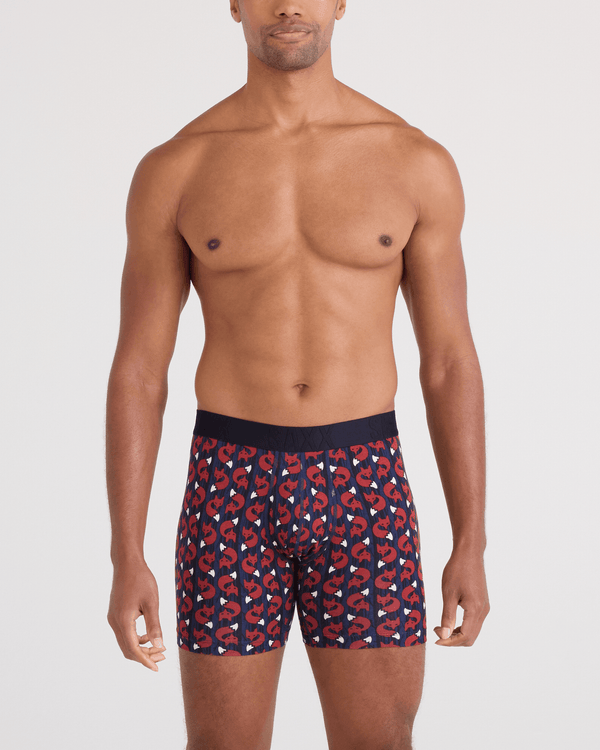 Front - Model wearing  DropTemp Cooling Cotton Boxer Brief Fly in Fox Check-Navy