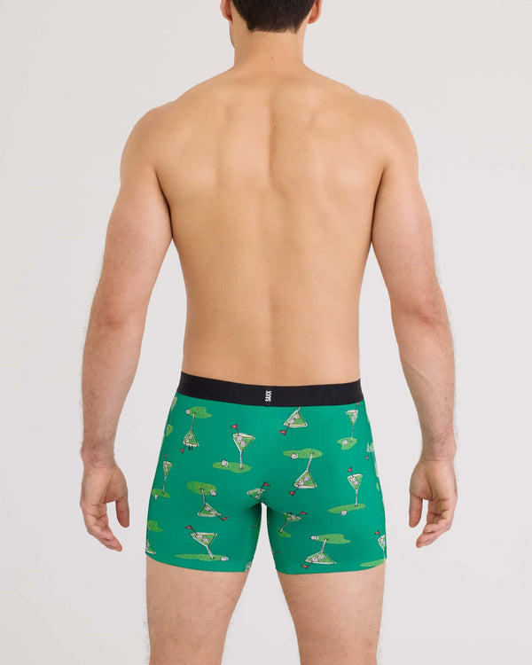 Back - Model wearing Droptemp Cooling Cotton Boxer Brief Fly in Golf Martini-Lush Meadow