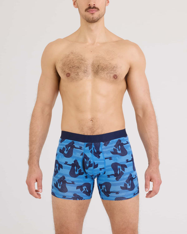 Front - Model wearing Droptemp Cooling Cotton Boxer Brief Fly in La Sirena-Blue