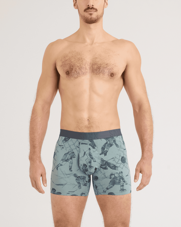 Front - Model wearing DropTemp Cooling Cotton Boxer Brief in Off The Boards-Silver Pine