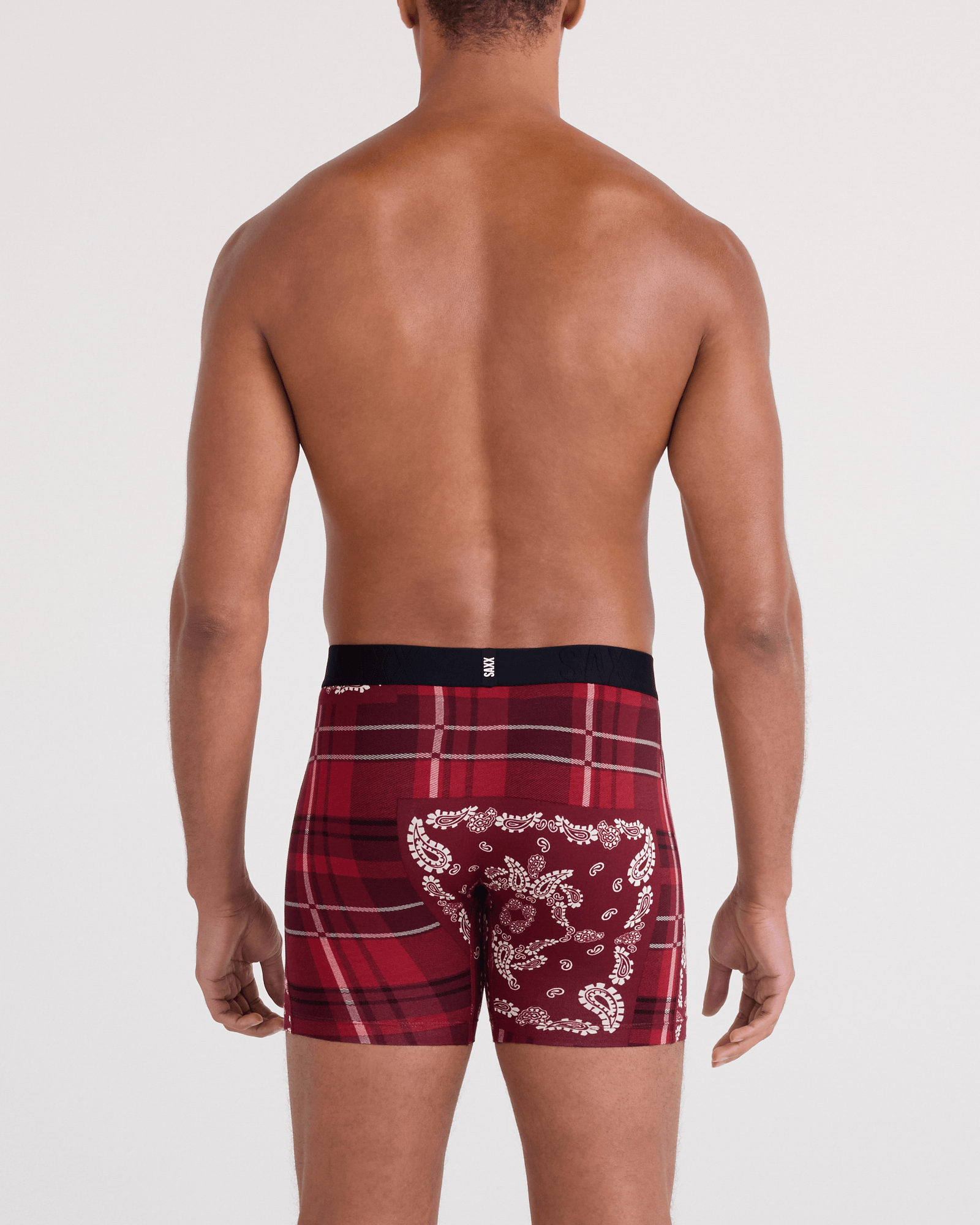 Back - Model wearing  DropTemp Cooling Cotton Boxer Brief Fly in Paisley Plaid-Red