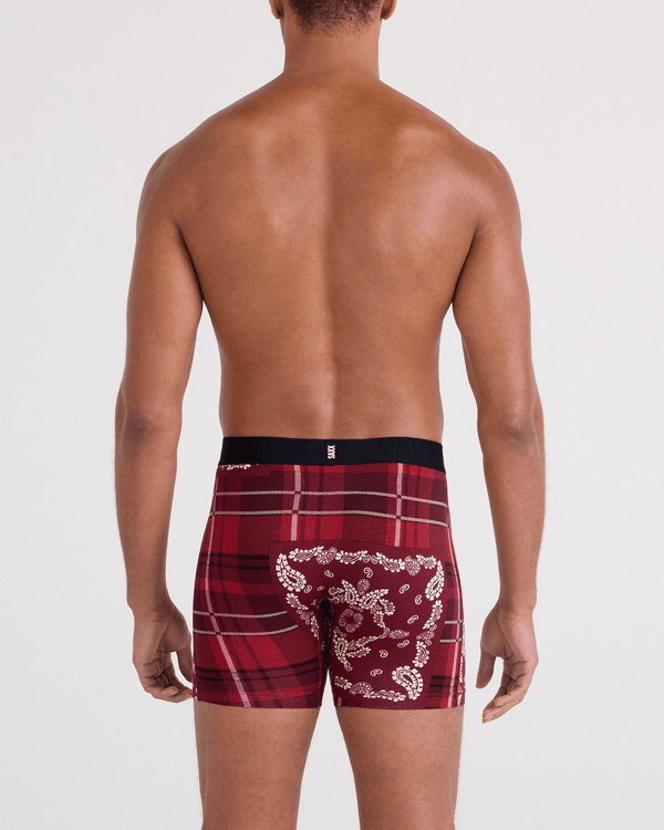 Back - Model wearing  DropTemp Cooling Cotton Boxer Brief Fly in Paisley Plaid-Red