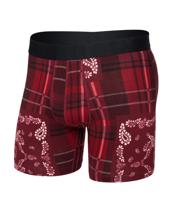Front of  DropTemp Cooling Cotton Boxer Brief Fly in Paisley Plaid-Red